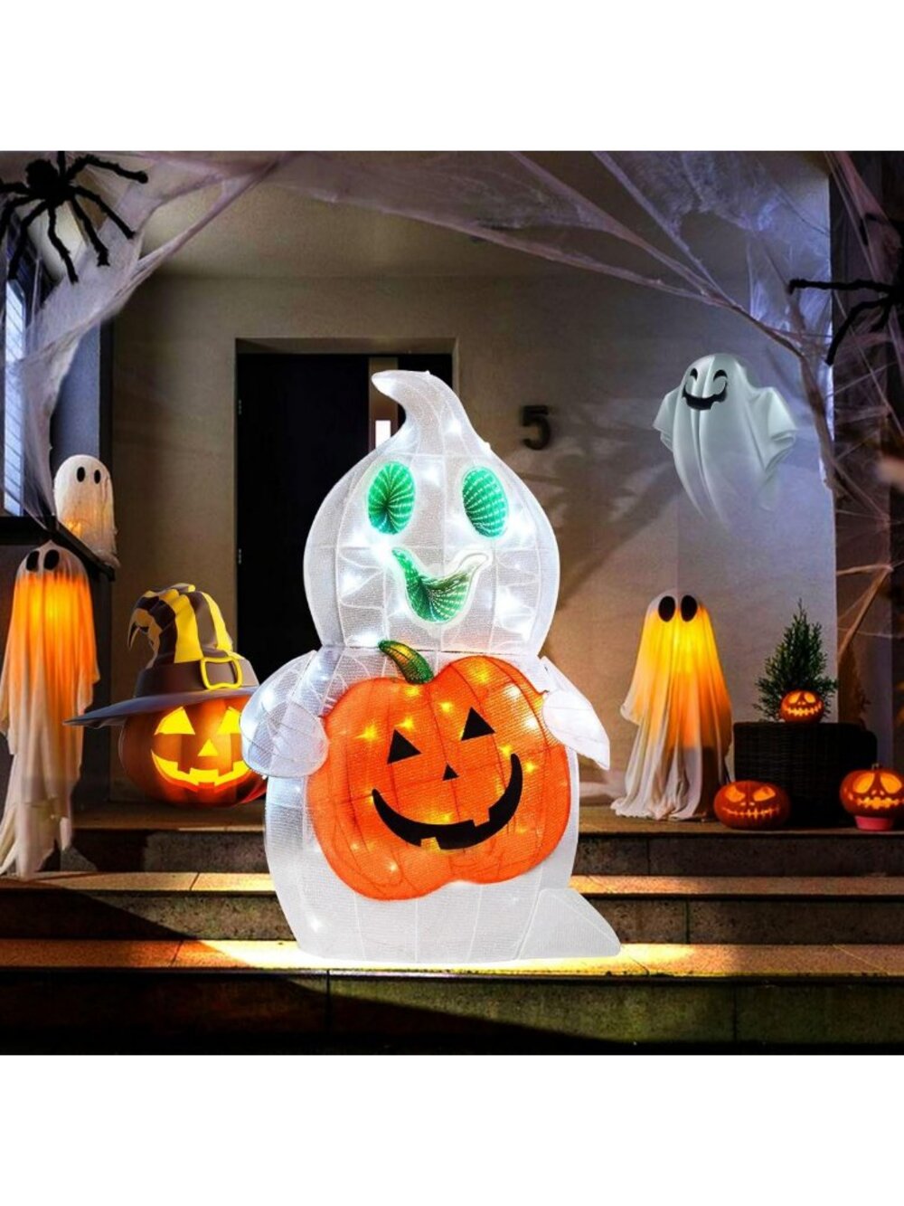 38-Inch Pre-Lit Halloween Ghost Decor - Light-Up Pumpkin Holder for Outdoor Fun